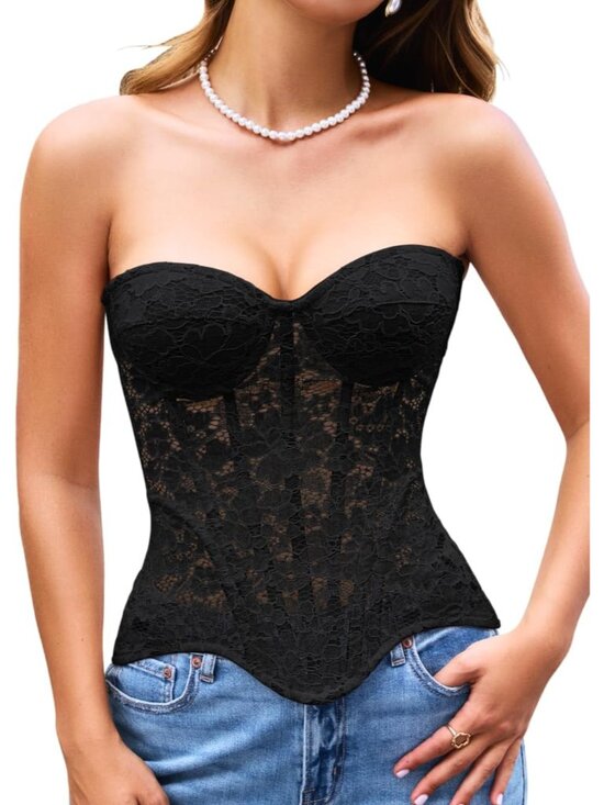 Jewelry - Women's French Romance Corsets, Sheer Floral Lace Fits 0-8, Push-Up Bustier with